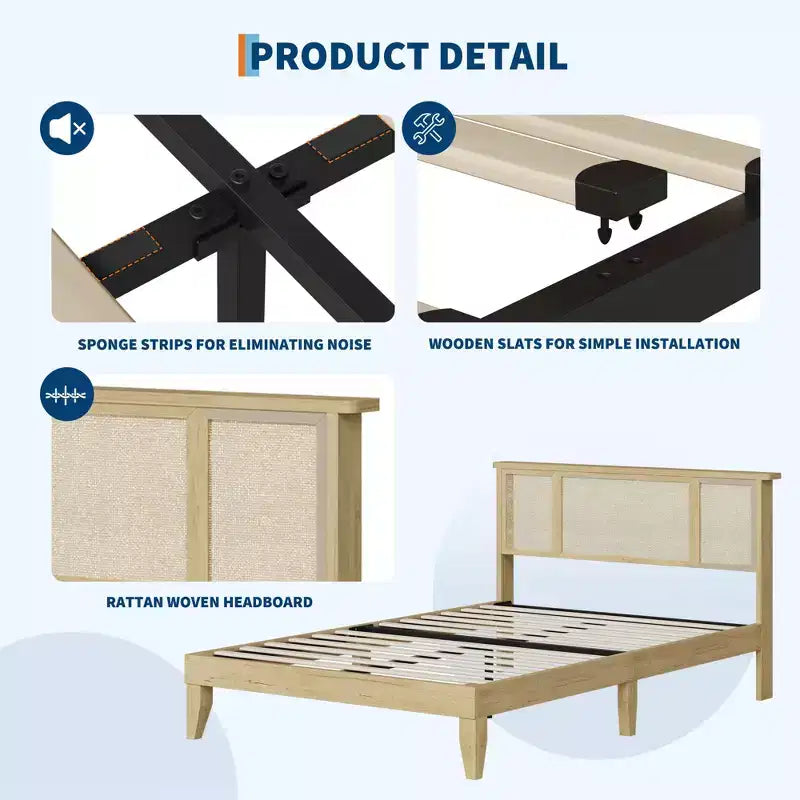 Base Letto COZONY Full/Queen con Testiera in Rattan Naturale, 4 Cassetti Contenitore, Base Materasso con Piattaforma in Metallo, Non Richiede Rete a Molle