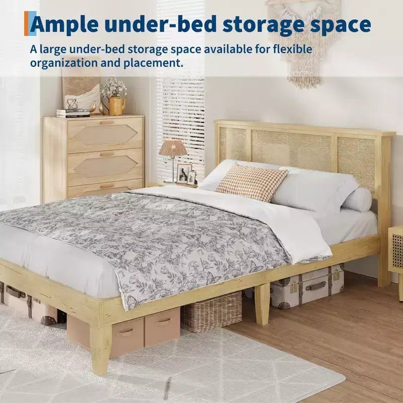 Base Letto COZONY Full/Queen con Testiera in Rattan Naturale, 4 Cassetti Contenitore, Base Materasso con Piattaforma in Metallo, Non Richiede Rete a Molle