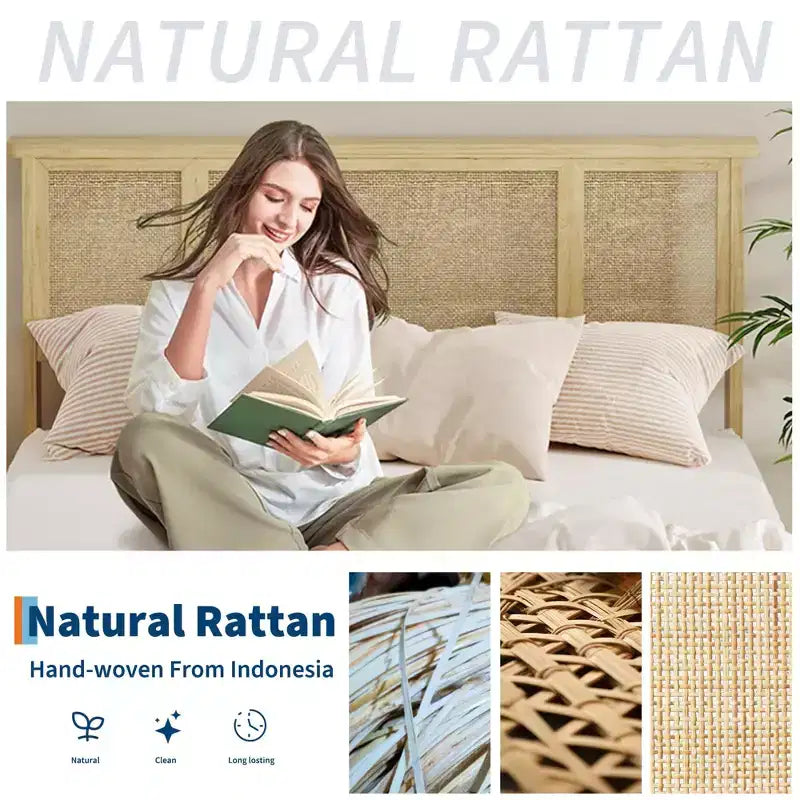 Base Letto COZONY Full/Queen con Testiera in Rattan Naturale, 4 Cassetti Contenitore, Base Materasso con Piattaforma in Metallo, Non Richiede Rete a Molle
