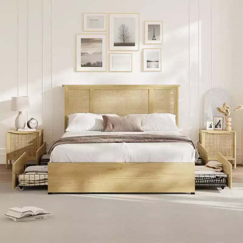 Base Letto COZONY Full/Queen con Testiera in Rattan Naturale, 4 Cassetti Contenitore, Base Materasso con Piattaforma in Metallo, Non Richiede Rete a Molle
