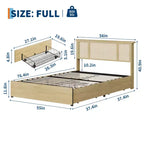 Base Letto COZONY Full/Queen con Testiera in Rattan Naturale, 4 Cassetti Contenitore, Base Materasso con Piattaforma in Metallo, Non Richiede Rete a Molle