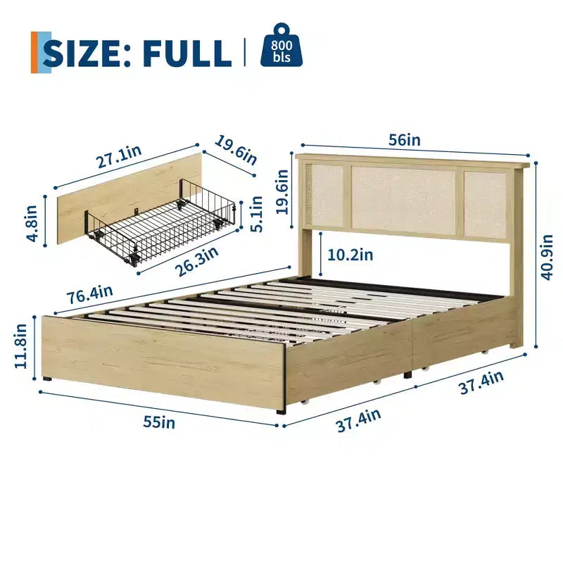 Base Letto COZONY Full/Queen con Testiera in Rattan Naturale, 4 Cassetti Contenitore, Base Materasso con Piattaforma in Metallo, Non Richiede Rete a Molle