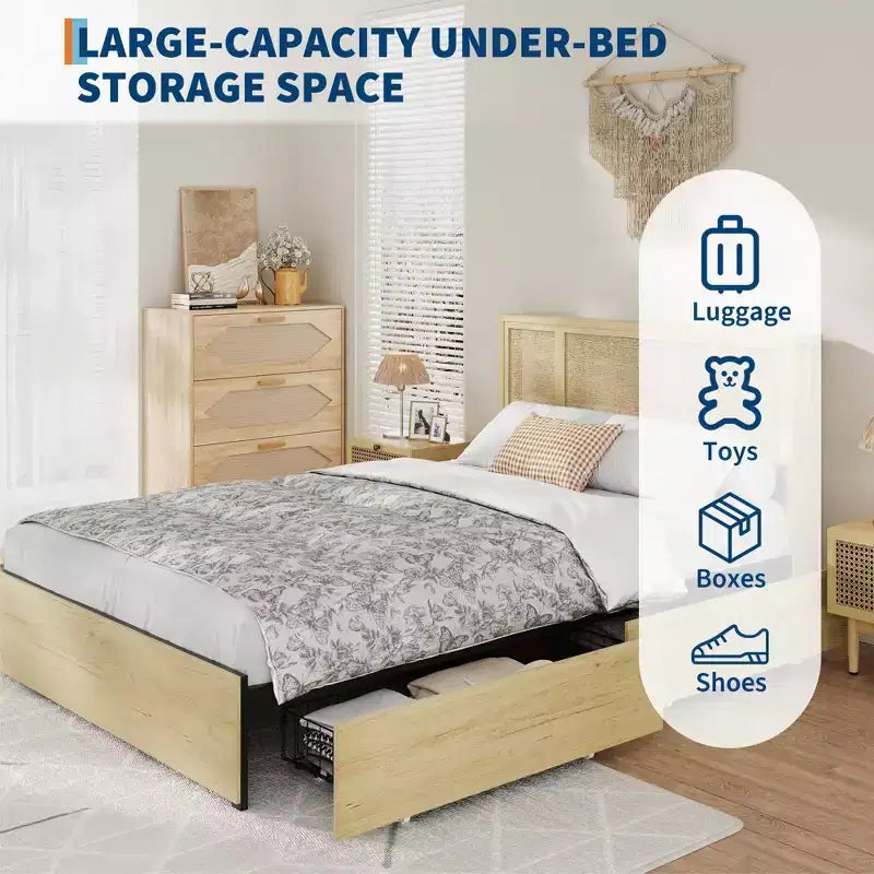 Base Letto COZONY Full/Queen con Testiera in Rattan Naturale, 4 Cassetti Contenitore, Base Materasso con Piattaforma in Metallo, Non Richiede Rete a Molle
