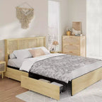 COZONY Full/Queen Bed Frame with Natural Rattan Headboard, 4 Storage Drawers, Metal Platform Mattress Base, No Box Spring Needed