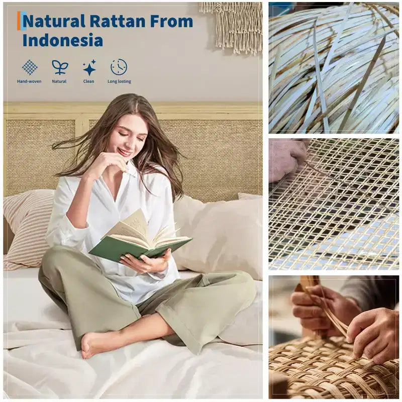 Base Letto COZONY Full/Queen con Testiera in Rattan Naturale, 4 Cassetti Contenitore, Base Materasso con Piattaforma in Metallo, Non Richiede Rete a Molle