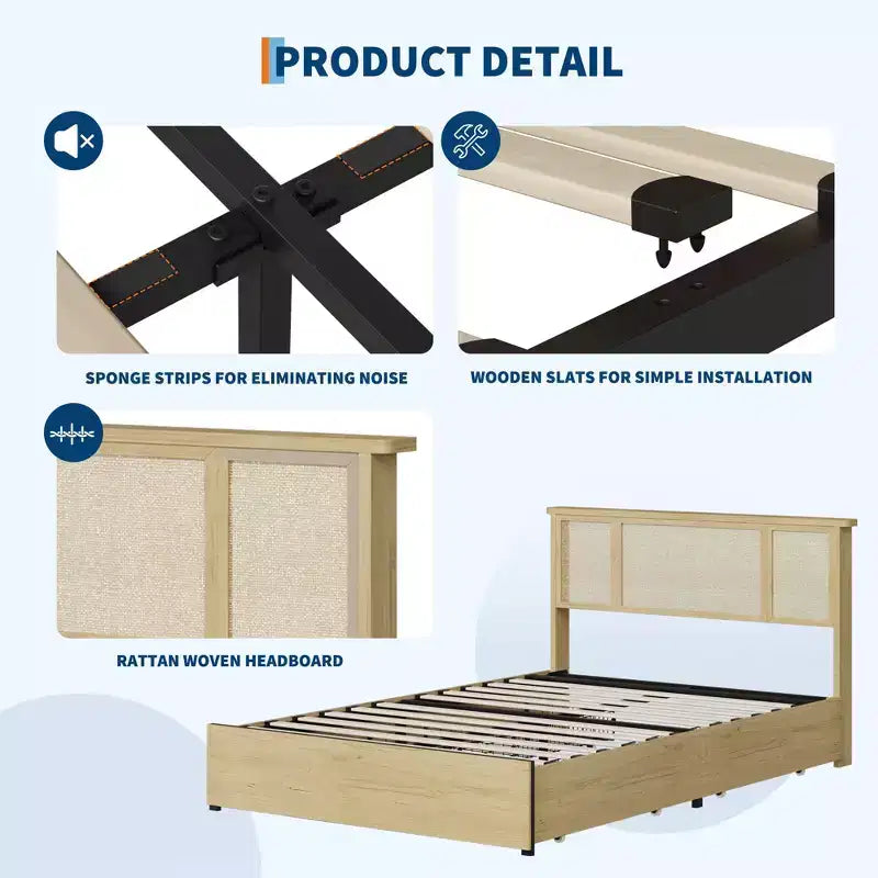Base Letto COZONY Full/Queen con Testiera in Rattan Naturale, 4 Cassetti Contenitore, Base Materasso con Piattaforma in Metallo, Non Richiede Rete a Molle