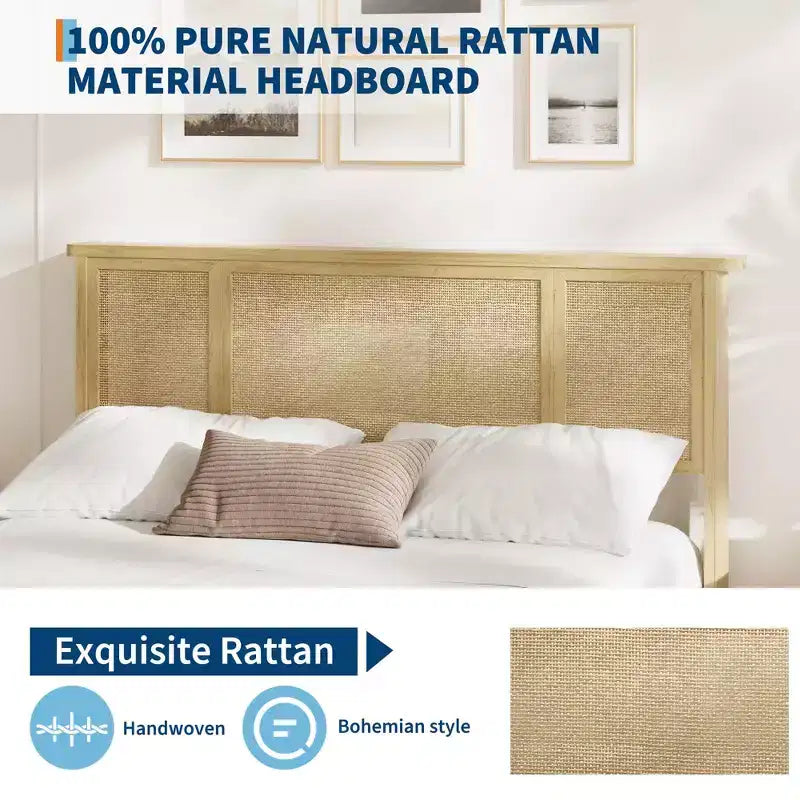 Base Letto COZONY Full/Queen con Testiera in Rattan Naturale, 4 Cassetti Contenitore, Base Materasso con Piattaforma in Metallo, Non Richiede Rete a Molle