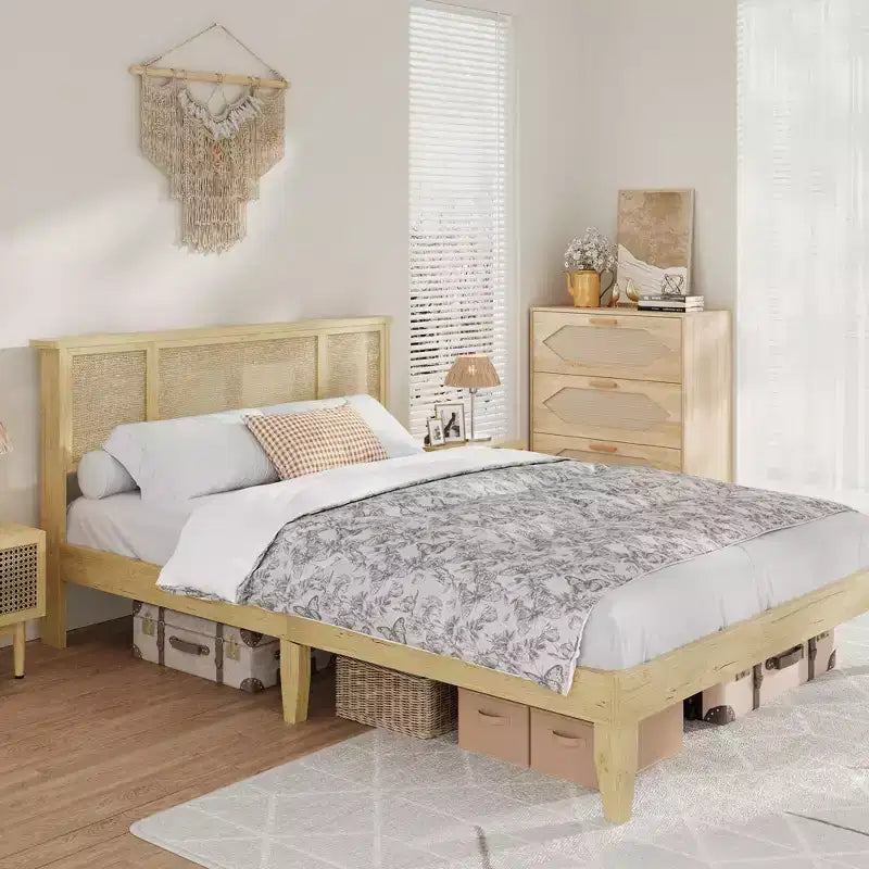 Base Letto COZONY Full/Queen con Testiera in Rattan Naturale, 4 Cassetti Contenitore, Base Materasso con Piattaforma in Metallo, Non Richiede Rete a Molle