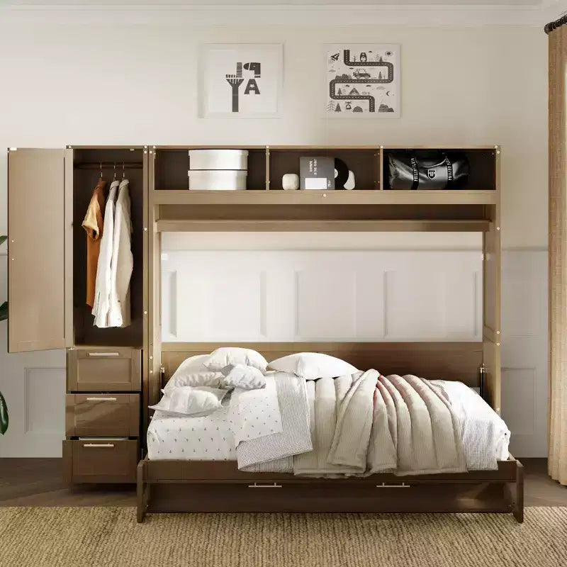 Clihome Full Size Murphy Bed with Wardrobe, Drawers and Open Shelves