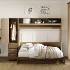 Clihome Full Size Murphy Bed with Wardrobe, Drawers and Open Shelves