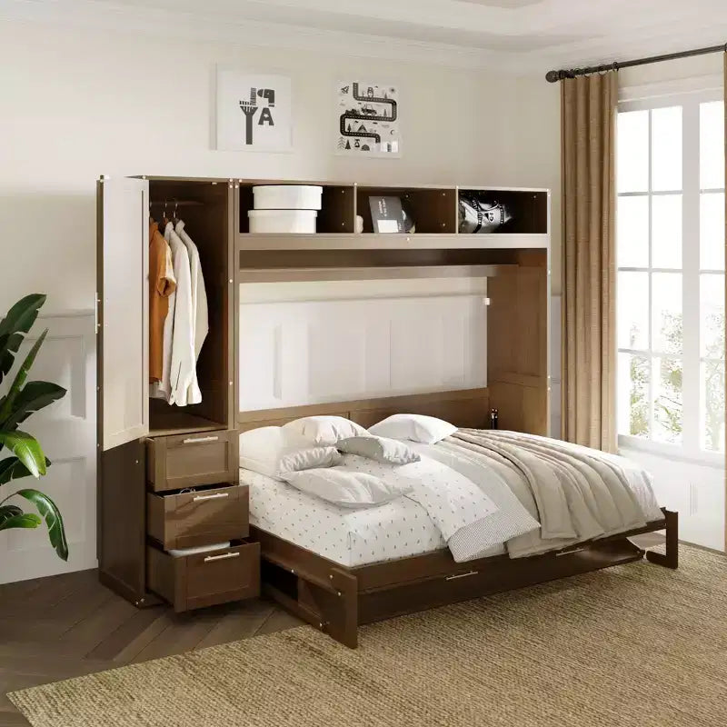 Letto a scomparsa full-size Clihome con armadio, cassetti e ripiani aperti