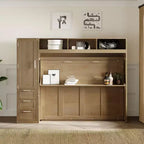 Letto a scomparsa full-size Clihome con armadio, cassetti e ripiani aperti