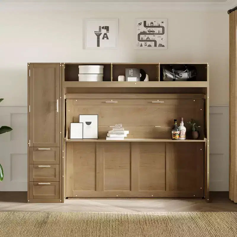 Letto a scomparsa full-size Clihome con armadio, cassetti e ripiani aperti