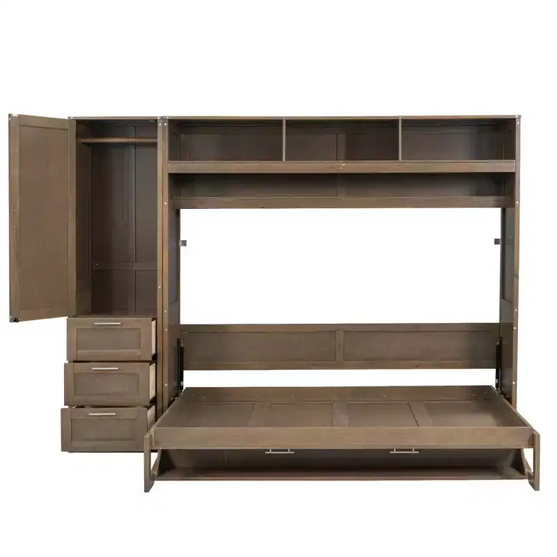 Letto a scomparsa full-size Clihome con armadio, cassetti e ripiani aperti