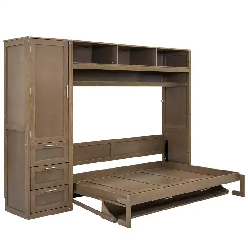 Letto a scomparsa full-size Clihome con armadio, cassetti e ripiani aperti