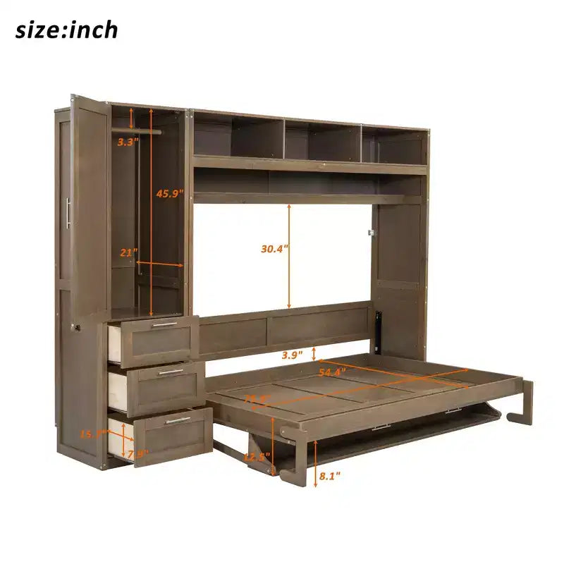 Letto a scomparsa full-size Clihome con armadio, cassetti e ripiani aperti