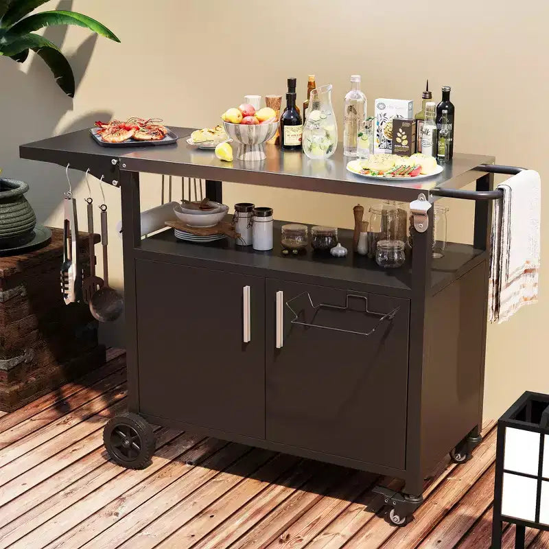 Celebalcony Outdoor Grill Cart Table with Stainless Steel Top for Kitchen Prep and BBQ, Outdoor Kitchen Island Table with Side Handle, Black