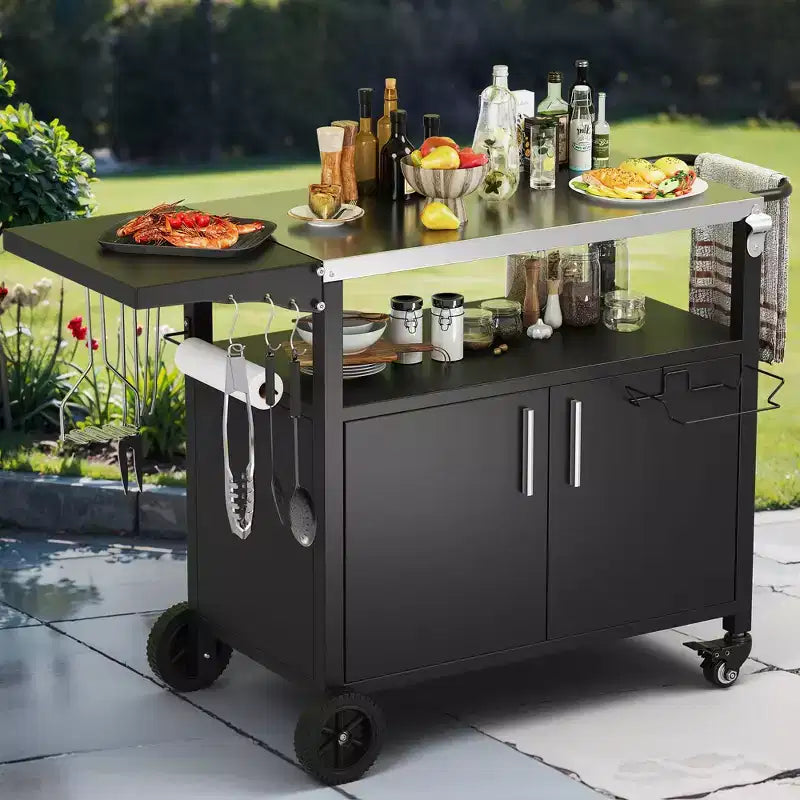 Tavolo da carrello per barbecue da esterno Celebalcony con piano in acciaio inossidabile per preparazione in cucina e barbecue, tavolo da cucina per esterni con maniglia laterale, nero