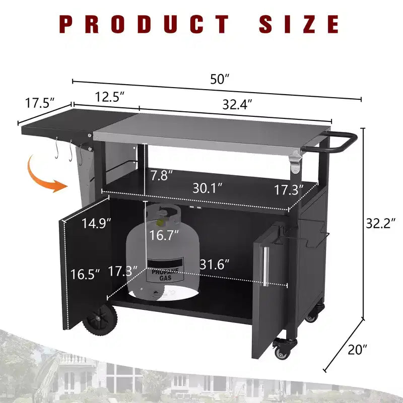 Tavolo da carrello per barbecue da esterno Celebalcony con piano in acciaio inossidabile per preparazione in cucina e barbecue, tavolo da cucina per esterni con maniglia laterale, nero