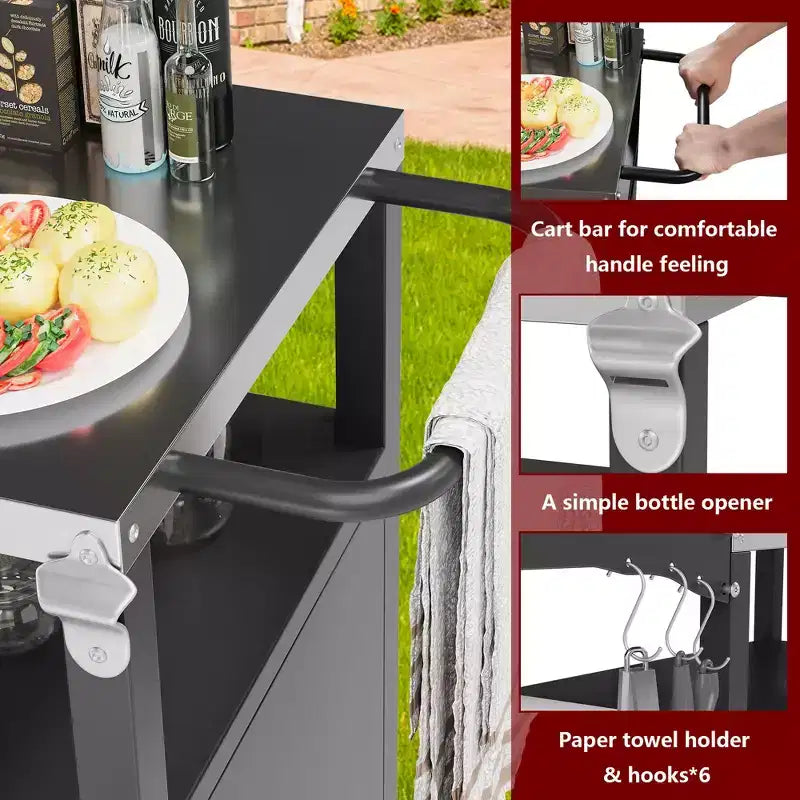 Tavolo da carrello per barbecue da esterno Celebalcony con piano in acciaio inossidabile per preparazione in cucina e barbecue, tavolo da cucina per esterni con maniglia laterale, nero