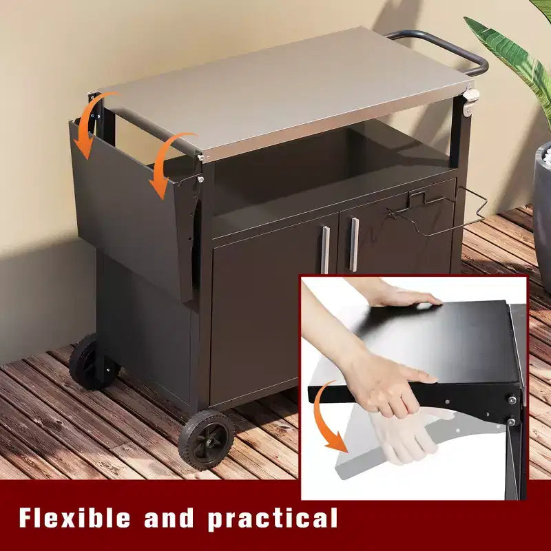 Tavolo da carrello per barbecue da esterno Celebalcony con piano in acciaio inossidabile per preparazione in cucina e barbecue, tavolo da cucina per esterni con maniglia laterale, nero