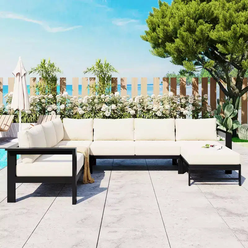 Set divano da esterno per patio, divano componibile moderno convertibile con chaise longue reversibile, set divano da conversazione con divano a U per veranda o giardino