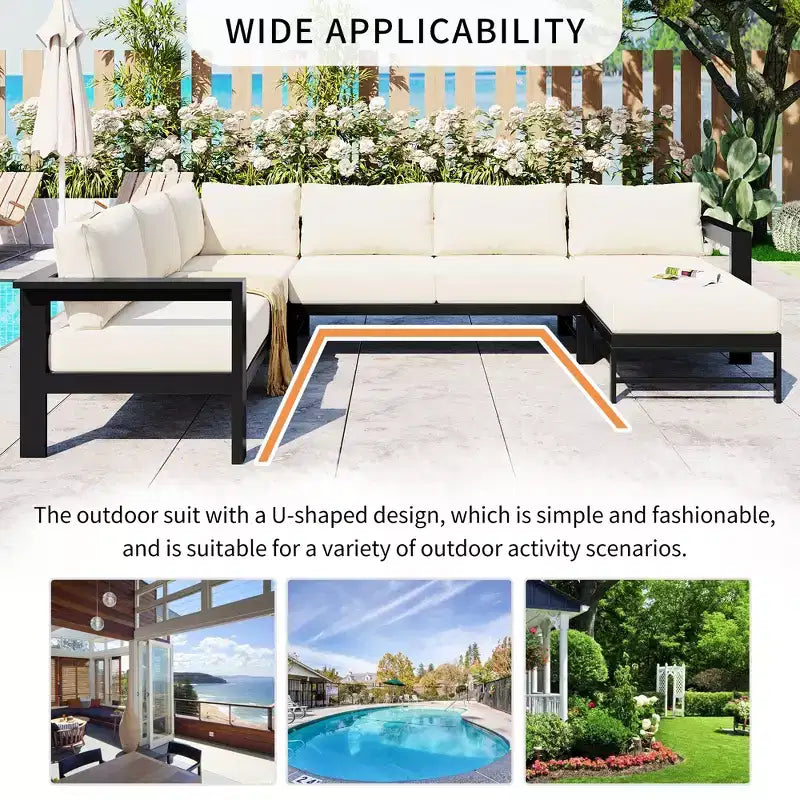 Set divano da esterno per patio, divano componibile moderno convertibile con chaise longue reversibile, set divano da conversazione con divano a U per veranda o giardino