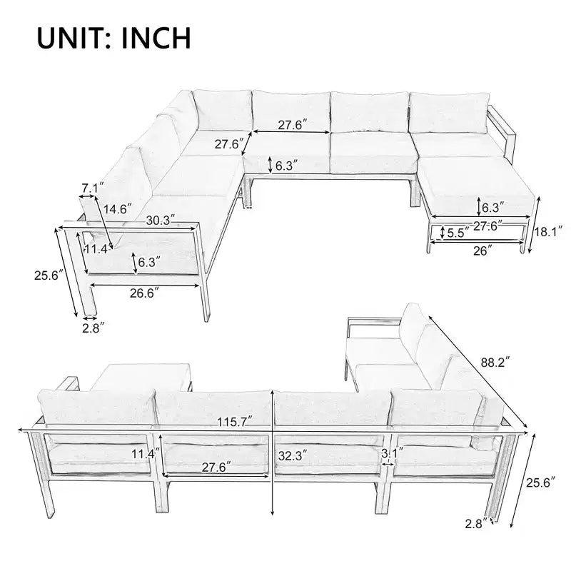 Set divano da esterno per patio, divano componibile moderno convertibile con chaise longue reversibile, set divano da conversazione con divano a U per veranda o giardino