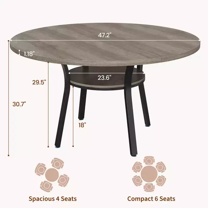 Tavolo da pranzo rotondo da 47 pollici per 4-6 persone, tavolo da cucina in legno con ripiano, tavolo da pranzo circolare in stile rustico per sala da pranzo, soggiorno, 4 gambe robuste