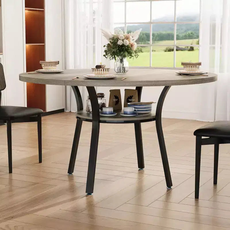 Tavolo da pranzo rotondo da 47 pollici per 4-6 persone, tavolo da cucina in legno con ripiano, tavolo da pranzo circolare in stile rustico per sala da pranzo, soggiorno, 4 gambe robuste