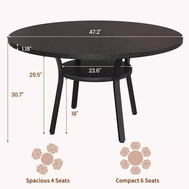 Tavolo da pranzo rotondo da 47 pollici per 4-6 persone, tavolo da cucina in legno con ripiano, tavolo da pranzo circolare in stile rustico per sala da pranzo, soggiorno, 4 gambe robuste