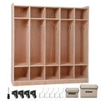 5 Section Wooden Kids Coat Locker Cubby with 5 Hooks, 4 Wheels, 2 Organizers, Toddler Sized Daycare Storage Cubbies for Home, School, Kindergarten