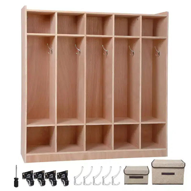 5 Section Wooden Kids Coat Locker Cubby with 5 Hooks, 4 Wheels, 2 Organizers, Toddler Sized Daycare Storage Cubbies for Home, School, Kindergarten