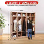 Armadietto Appendiabiti in Legno a 5 Scomparti per Bambini con 5 Ganci, 4 Ruote, 2 Organizer, Mobile Contenitore per Asilo Nido a Misura di Bambino per Casa, Scuola, Scuola Materna