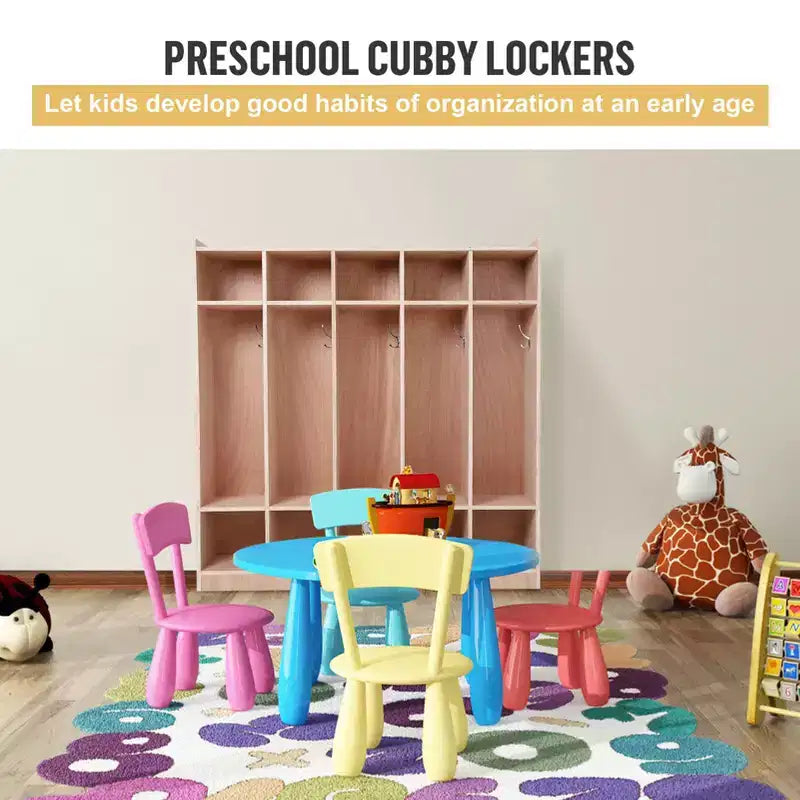 Armadietto Appendiabiti in Legno a 5 Scomparti per Bambini con 5 Ganci, 4 Ruote, 2 Organizer, Mobile Contenitore per Asilo Nido a Misura di Bambino per Casa, Scuola, Scuola Materna