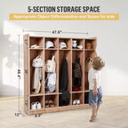 Armadietto Appendiabiti in Legno a 5 Scomparti per Bambini con 5 Ganci, 4 Ruote, 2 Organizer, Mobile Contenitore per Asilo Nido a Misura di Bambino per Casa, Scuola, Scuola Materna