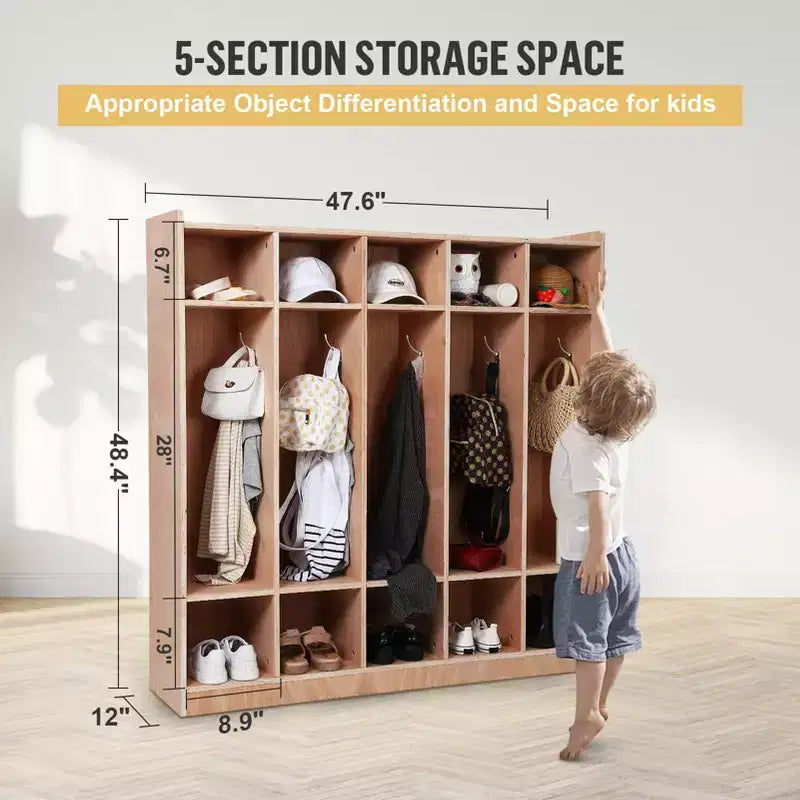 Armadietto Appendiabiti in Legno a 5 Scomparti per Bambini con 5 Ganci, 4 Ruote, 2 Organizer, Mobile Contenitore per Asilo Nido a Misura di Bambino per Casa, Scuola, Scuola Materna
