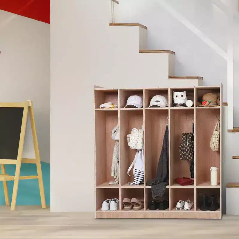 Armadietto Appendiabiti in Legno a 5 Scomparti per Bambini con 5 Ganci, 4 Ruote, 2 Organizer, Mobile Contenitore per Asilo Nido a Misura di Bambino per Casa, Scuola, Scuola Materna