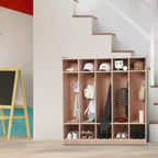 Armadietto Appendiabiti in Legno a 5 Scomparti per Bambini con 5 Ganci, 4 Ruote, 2 Organizer, Mobile Contenitore per Asilo Nido a Misura di Bambino per Casa, Scuola, Scuola Materna