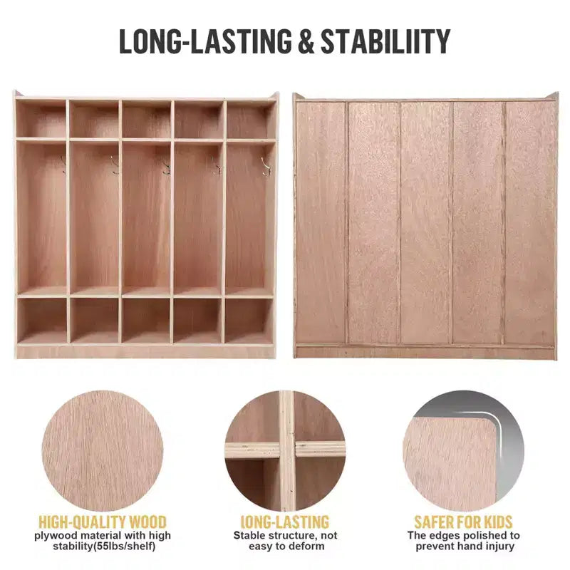 Armadietto Appendiabiti in Legno a 5 Scomparti per Bambini con 5 Ganci, 4 Ruote, 2 Organizer, Mobile Contenitore per Asilo Nido a Misura di Bambino per Casa, Scuola, Scuola Materna