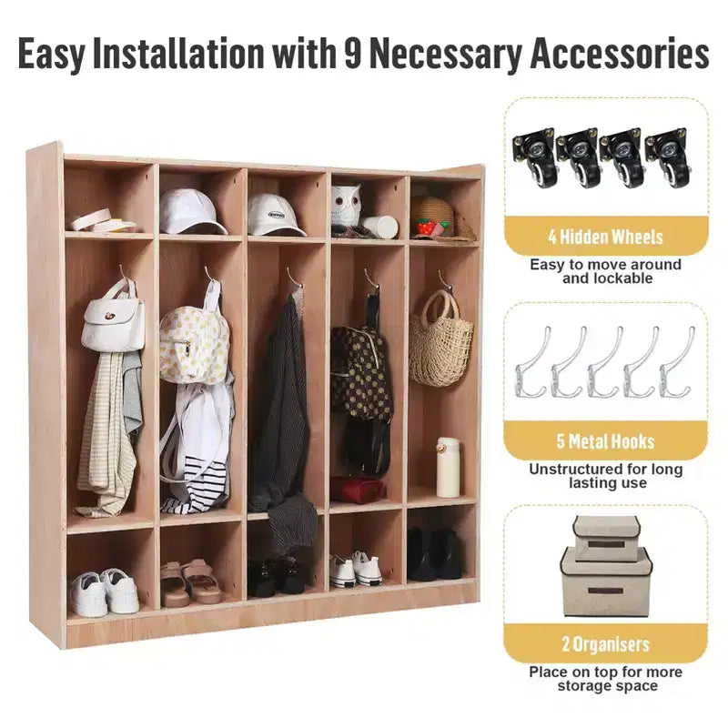 Armadietto Appendiabiti in Legno a 5 Scomparti per Bambini con 5 Ganci, 4 Ruote, 2 Organizer, Mobile Contenitore per Asilo Nido a Misura di Bambino per Casa, Scuola, Scuola Materna