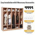 Armadietto Appendiabiti in Legno a 5 Scomparti per Bambini con 5 Ganci, 4 Ruote, 2 Organizer, Mobile Contenitore per Asilo Nido a Misura di Bambino per Casa, Scuola, Scuola Materna