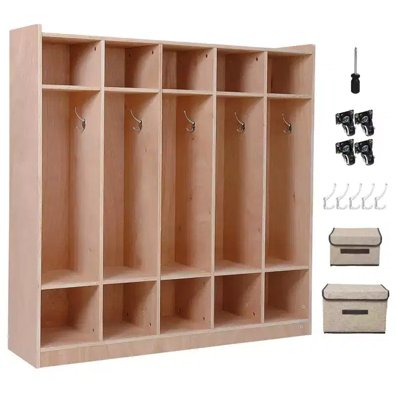 Armadietto Appendiabiti in Legno a 5 Scomparti per Bambini con 5 Ganci, 4 Ruote, 2 Organizer, Mobile Contenitore per Asilo Nido a Misura di Bambino per Casa, Scuola, Scuola Materna