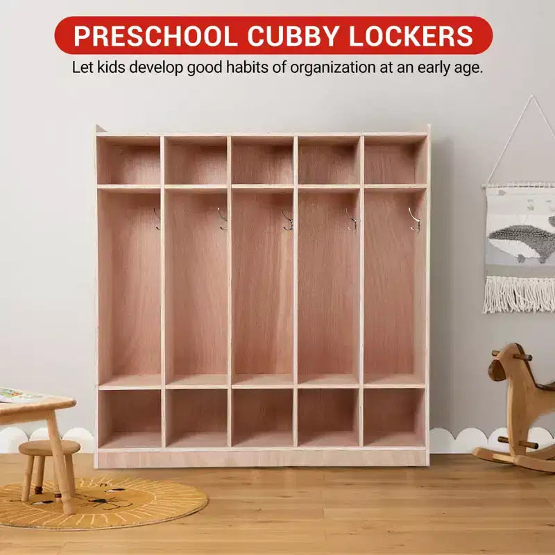 Armadietto Appendiabiti in Legno a 5 Scomparti per Bambini con 5 Ganci, 4 Ruote, 2 Organizer, Mobile Contenitore per Asilo Nido a Misura di Bambino per Casa, Scuola, Scuola Materna