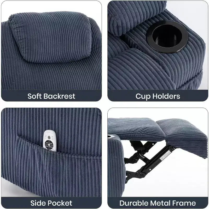 Poltrona reclinabile con massaggio e calore 155, reclinazione ergonomica, alzata assistita, doppio portabicchieri e tasche laterali, tessuto in velluto a coste per un comfort da salotto