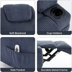 Poltrona reclinabile con massaggio e calore 155, reclinazione ergonomica, alzata assistita, doppio portabicchieri e tasche laterali, tessuto in velluto a coste per un comfort da salotto