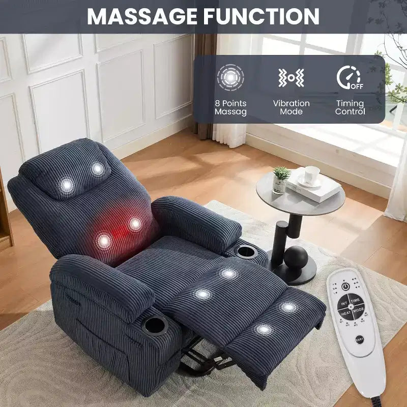 Poltrona reclinabile con massaggio e calore 155, reclinazione ergonomica, alzata assistita, doppio portabicchieri e tasche laterali, tessuto in velluto a coste per un comfort da salotto
