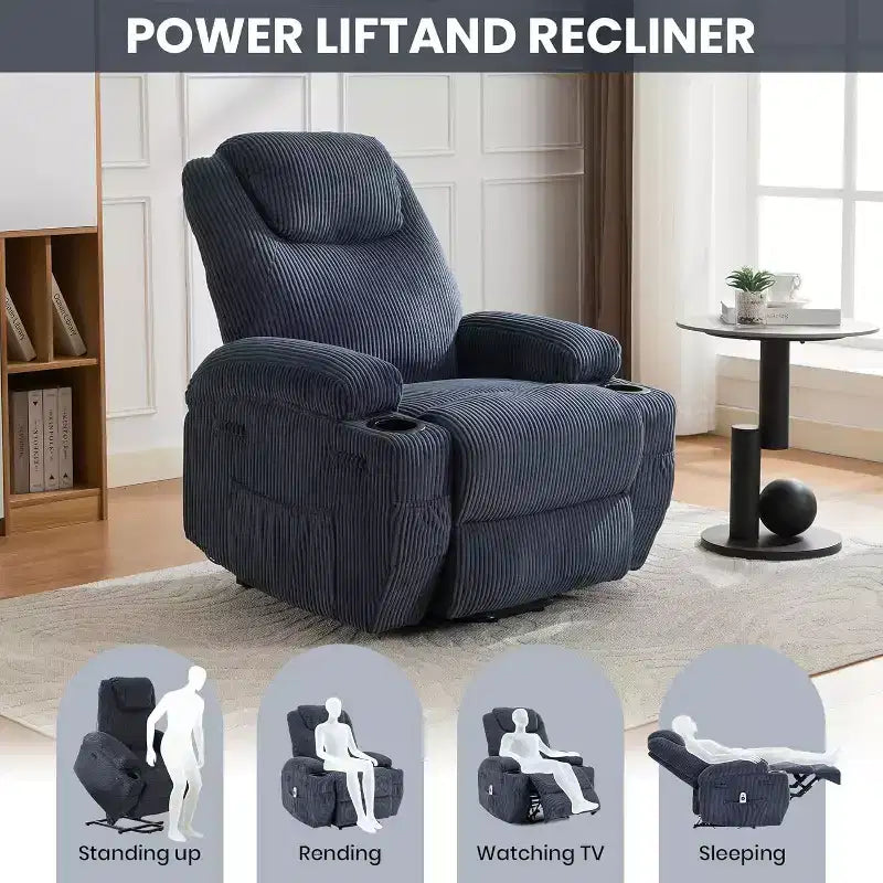 Poltrona reclinabile con massaggio e calore 155, reclinazione ergonomica, alzata assistita, doppio portabicchieri e tasche laterali, tessuto in velluto a coste per un comfort da salotto