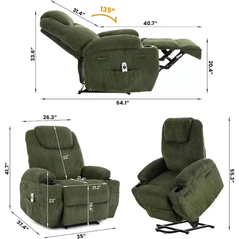 Poltrona reclinabile con massaggio e calore 155, reclinazione ergonomica, alzata assistita, doppio portabicchieri e tasche laterali, tessuto in velluto a coste per un comfort da salotto