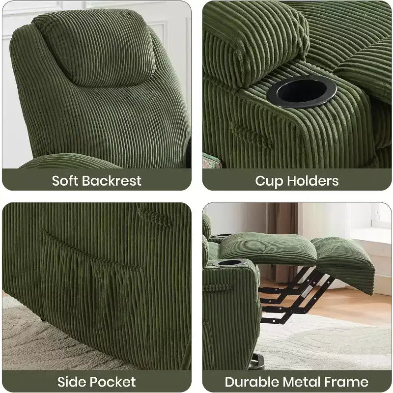 Poltrona reclinabile con massaggio e calore 155, reclinazione ergonomica, alzata assistita, doppio portabicchieri e tasche laterali, tessuto in velluto a coste per un comfort da salotto
